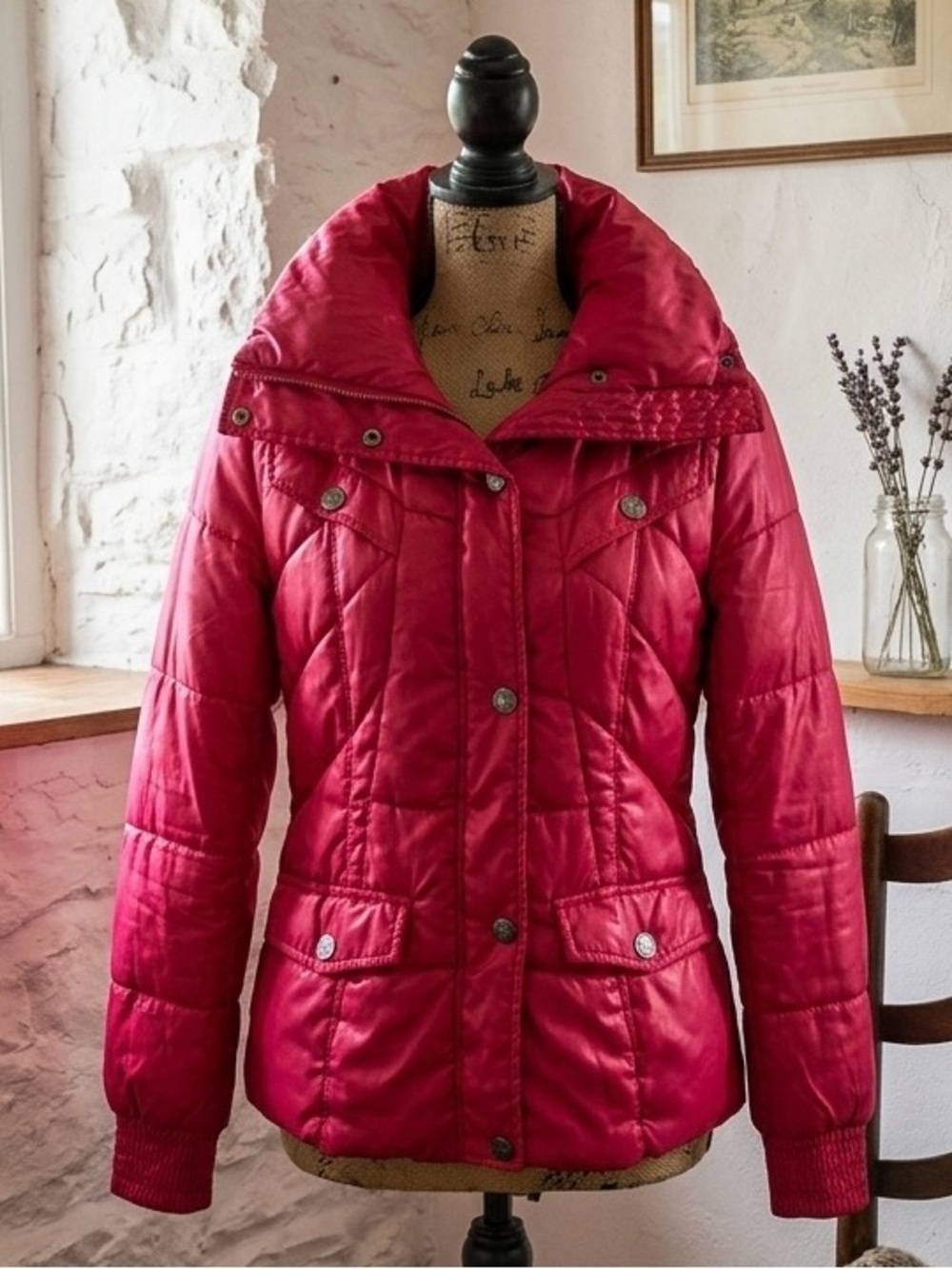 Guess| Lipstick Red Winter Puffer Warm Jacket‎ w/Flip-Up Collar Sz S